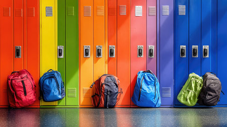 Brightly colored school lockers with backpacks placed haphazardly in front of them.の素材