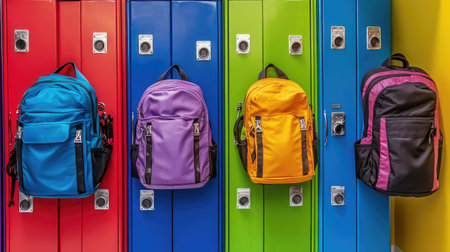 A well-organized row of bright school lockers with stylish backpacks in front.の素材