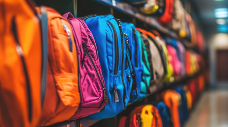 A well-maintained school hallway showcasing bright lockers and various backpacks.の素材