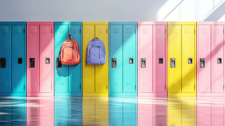 Colorful metal school lockers with neatly placed backpacks along the shiny tiled floor.の素材
