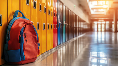 Colorful lockers and backpacks lined up in an empty school corridor.の素材