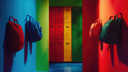 A tidy school hallway featuring red, blue, and green lockers with backpacks neatly lined up.の素材