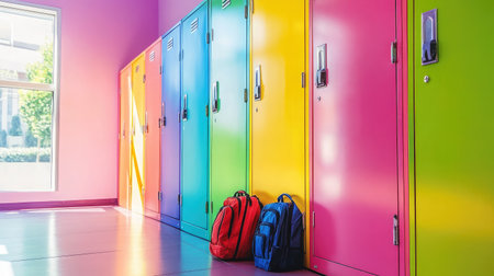 Bright school hallway with lockers painted in a variety of colors and backpacks placed below.の素材