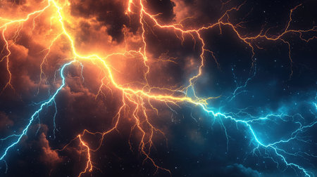 Cosmic energy battle portrayed through a stormy sky filled with powerful blue and yellow lightning flashes.の素材