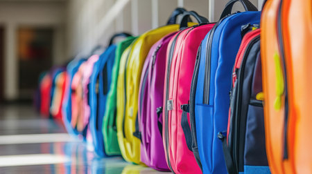 A well-maintained school hallway showcasing bright lockers and various backpacks.の素材
