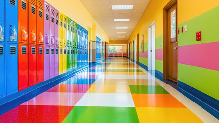 A well-lit school corridor showcasing bright lockers and backpacks in various styles.の素材