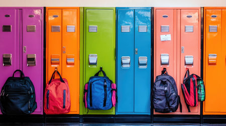 Brightly colored school lockers with backpacks placed haphazardly in front of them.の素材