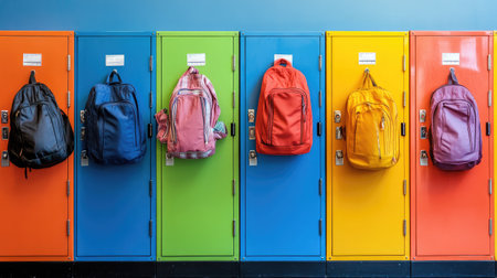 Brightly colored school lockers with backpacks placed haphazardly in front of them.の素材