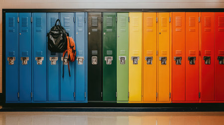 Bright school lockers and an assortment of backpacks create a cheerful learning environment.の素材