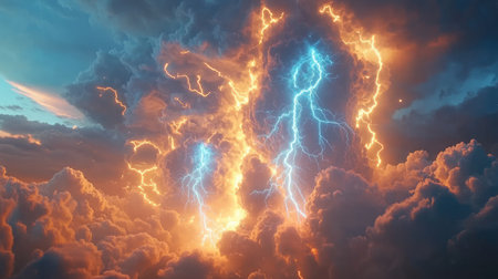 Cinematic composition of storm clouds erupting with intense blue and yellow lightning strikes.の素材