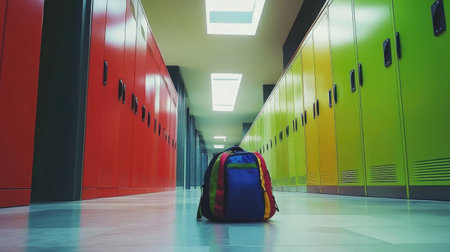 School hallway with colorful lockers and neatly placed backpacks creating an academic atmosphere.の素材