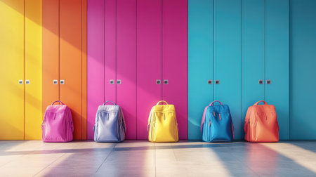 Neatly arranged backpacks resting against colorful school lockers in a modern educational hallway.の素材
