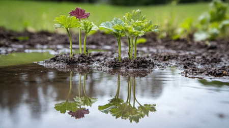 Moisture-rich soil filled with deep-rooted plants aiding in water absorption.の素材