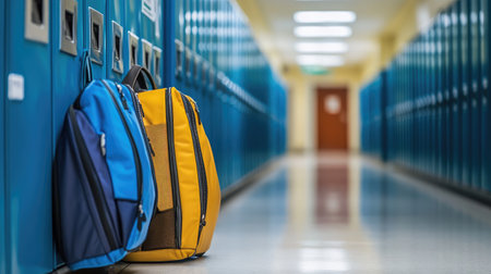 School hallway with colorful lockers and neatly placed backpacks creating an academic atmosphere.の素材