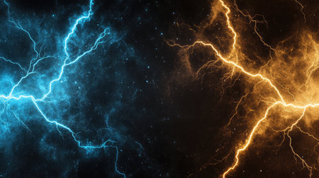Thunderstorm chaos as electric blue and golden lightning arcs strike simultaneously against a black void.の素材