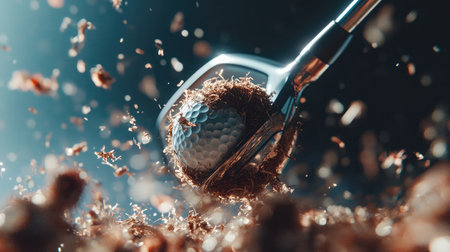 A golf ball spinning off the face of an iron, with freshly cut grass shavings floating in the air.の素材
