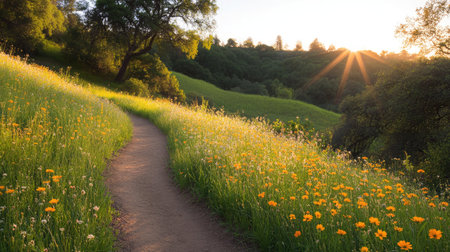 A peaceful meadow path winding up a grassy hill, bordered by wildflowers and bathed in golden afternoon light.の素材