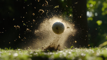 Golf ball in mid-flight right after impact, with grass clippings and dirt spraying in the foreground.の素材