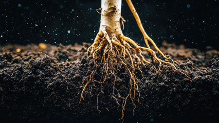Close-up of a single plant with long, deep roots expanding into hardened soil.の素材