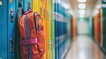 Colorful lockers and backpacks lined up in an empty school corridor.の素材