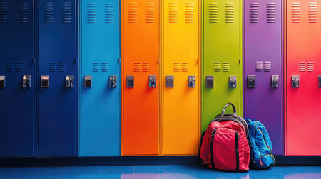 Modern school lockers painted in vibrant colors with backpacks resting casually on the floor.の素材