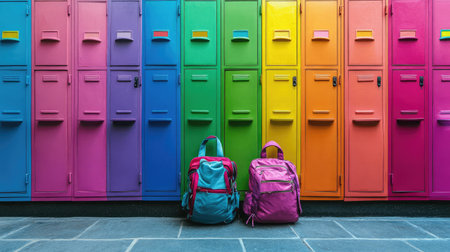 School lockers painted in bright colors with trendy backpacks resting in front.の素材