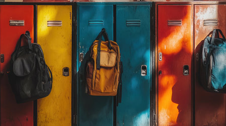 Stylish school hallway featuring bold, colorful lockers with backpacks lined below.の素材