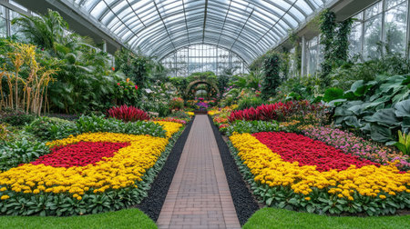 A lush green garden with exotic flowers and neatly arranged flowering shrubs.の素材