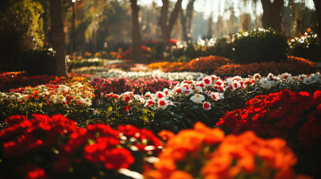A serene garden with bright flowers, ornamental shrubs, and small decorative trees.の素材