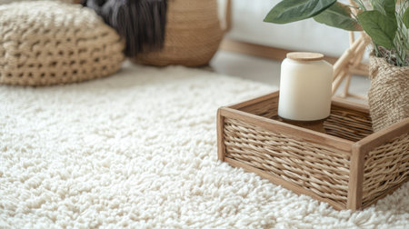 A serene blend of white textured carpet and warm-toned box in a natural home setting designed for relaxation and styleの素材
