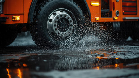 Close-up of shiny fire truck wheel splashed with raindrops and surrounded by concrete reflectionsの素材