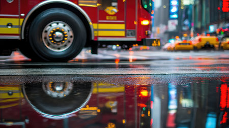 Fire truck wheel with splash patterns and bright color accents in city rain sceneの素材