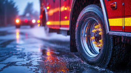 Glossy hubcap and tire tread of fire truck highlighted against wet pavement in early morning lightの素材