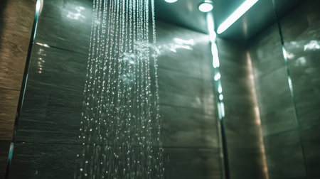 Macro detail of falling water drops reflecting light in a modern luxury showerの素材