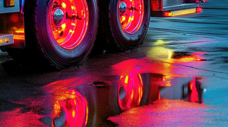 Wet pavement reflecting circular symmetry of fire truck wheel with bold color highlightsの素材