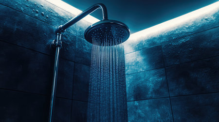 Water droplets sparkling in soft bathroom lighting as they fall from a ceiling showerheadの素材