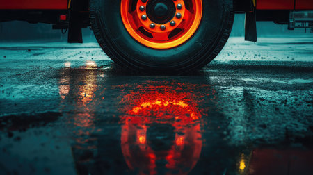 Wet pavement reflecting circular symmetry of fire truck wheel with bold color highlightsの素材