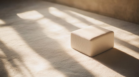 White soft carpet scene with rectangular box framed by shadows and soft sunlight, offering a peaceful home vibeの素材