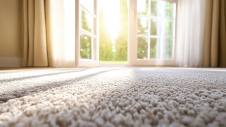 White soft carpet scene with rectangular box framed by shadows and soft sunlight, offering a peaceful home vibeの素材