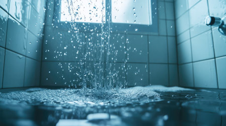 Close-up of single water drop falling from a brushed metal shower faucet in a minimalist interiorの素材
