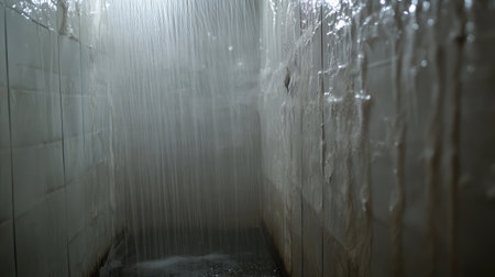 Stillness of water clinging to surfaces in a freshly used shower with steamy glass wallsの素材