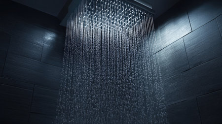 Water drops in midair illuminated by soft overhead light in a quiet shower corner with modern gray tilesの素材