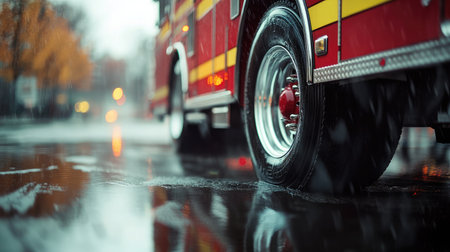 Urban scene featuring close-up of heavy-duty fire truck wheel on damp reflective sidewalkの素材