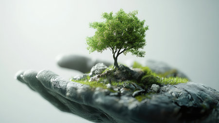 Artistic visual of eco protection tiny vibrant tree nestled into a lifelike hand base, minimal white backgroundの素材