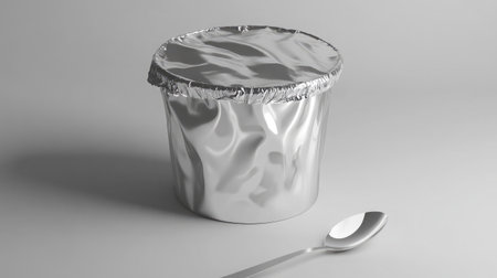 Plastic yogurt cup with foil lid peeled back, spoon beside it, all isolated on crisp white surfaceの素材