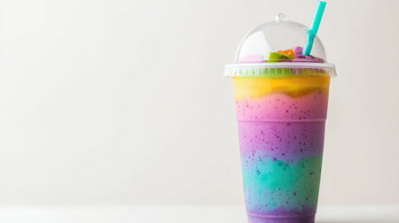 Vibrant smoothie cup with dome lid and straw on white background, featuring colorful fruit puree layersの素材