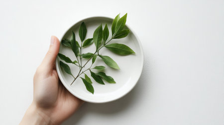 Sapling with fresh leaves and soil held gently in porcelain hand dish, centered on a white surface for symbolismの素材
