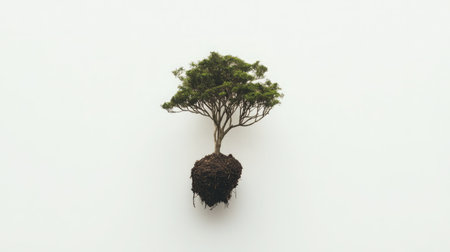 Flat image of soil-covered tree growing from open palm model on pure white background for environmental visualsの素材