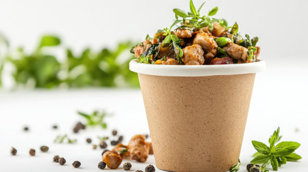 Eco-friendly food cup with hearty stew and herbs on white backdrop, capturing rustic and warm appealの素材