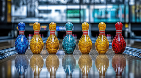 Aesthetic composition of colorful bowling pins and balls arranged artistically on polished floorの素材